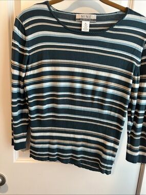Nine & Co. Striped Crewneck Sweater in Teal and Cream